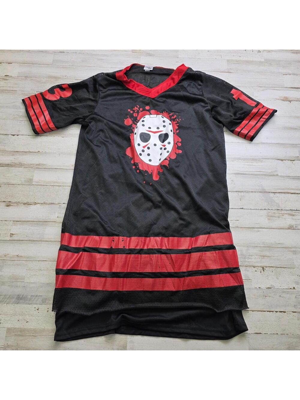 Friday the 13th Jason Voorhees Hockey Jersey Dress Womens LG Black Short Sleeve
